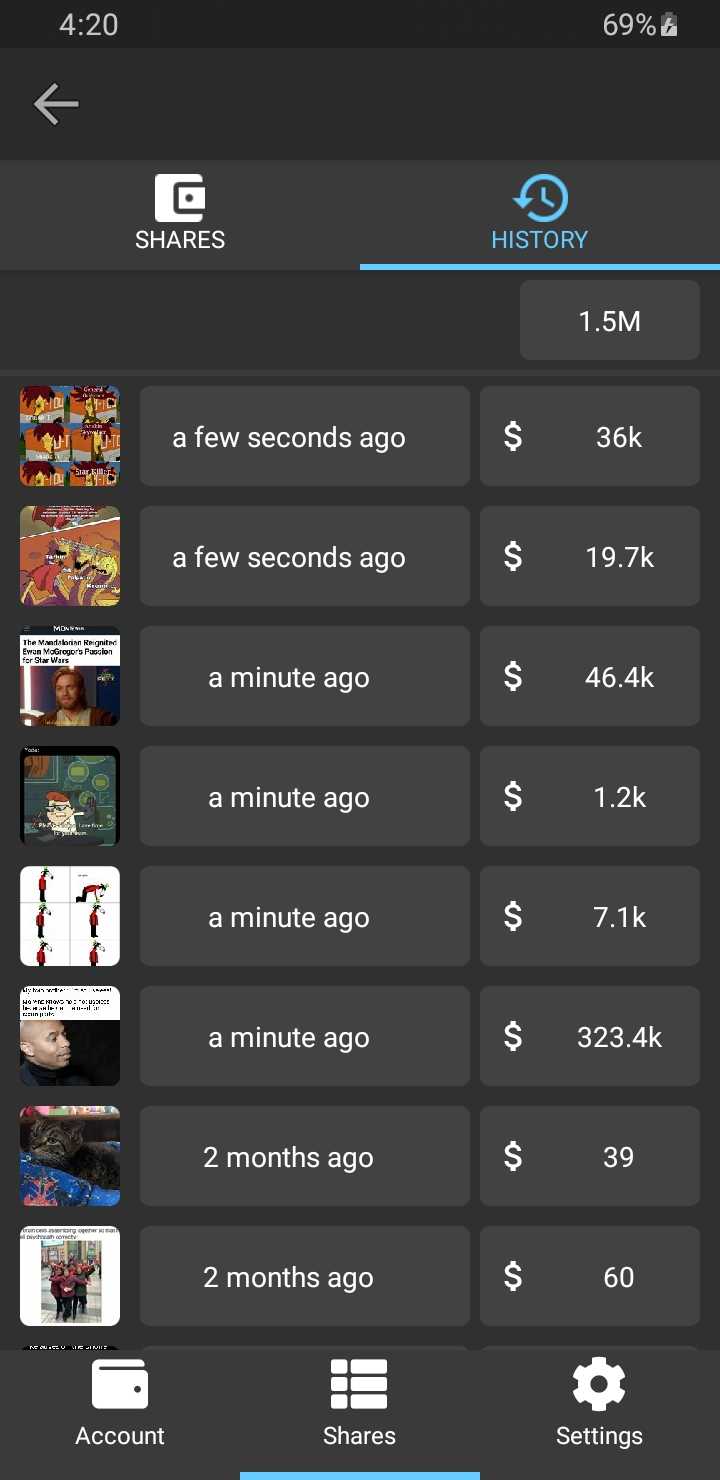 StonksPro App Shares History Dark