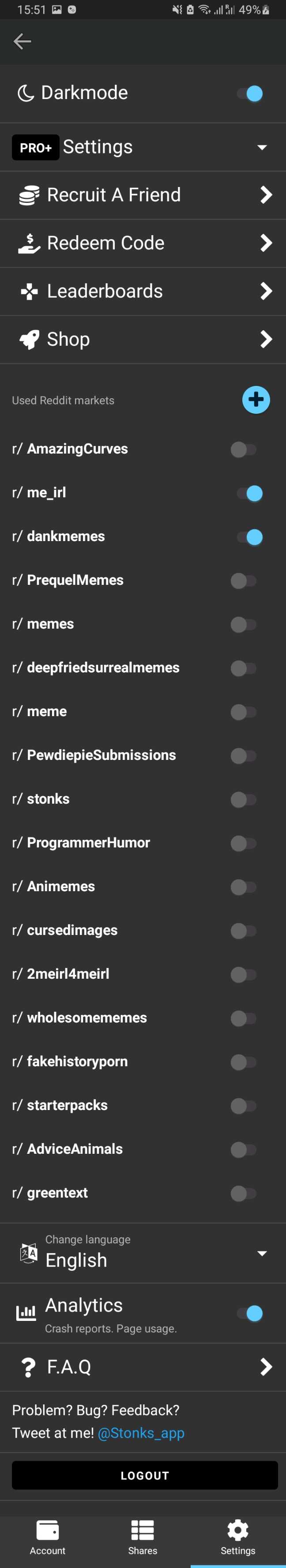 StonksPro App Settings Page Dark
